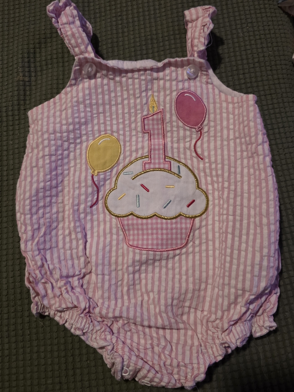 Baby Starters Pink Seersucker One-Piece with Cupcake 1st Birthday Applique